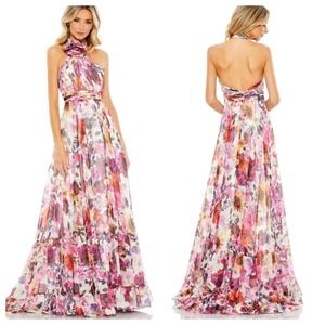 MAC DUGGAL Chiffon Floral Asymmetrical Ruffled Halter Floral Gown Size 12 NWT